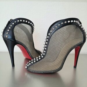 Christian Louboutin Black Mesh Silver Spiked Studded Zipper Heel Booties EU 38.5